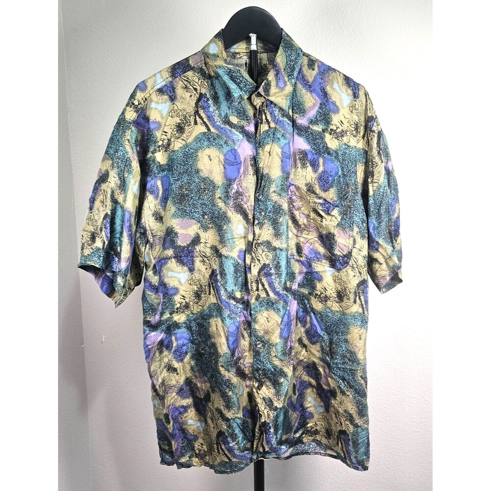 Vtg Robert Stock 100% Silk Shirt Mens L Abstract 90s Geometric Art to Wear Short